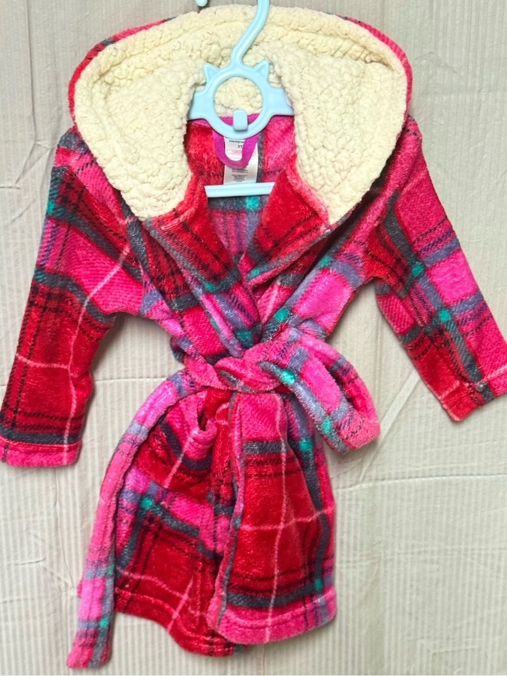 Kidtopia 2T Pink Red Plaid Hooded Fleece Bathrobe Robe Sherpa Trim Cozy
